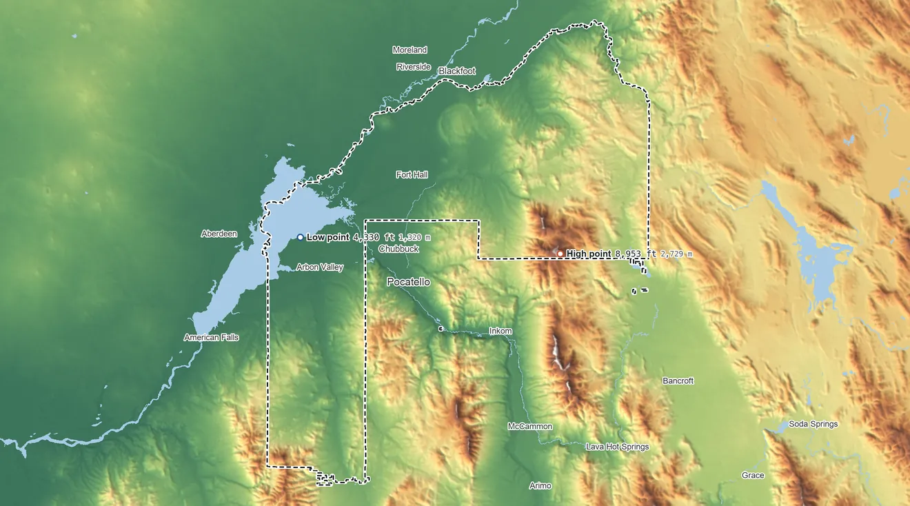 Topographic elevation map of Fort Hall Reservation, Idaho, shaded from 4,330 ft on the west side to 8,953 ft on South Putnam Mountain
