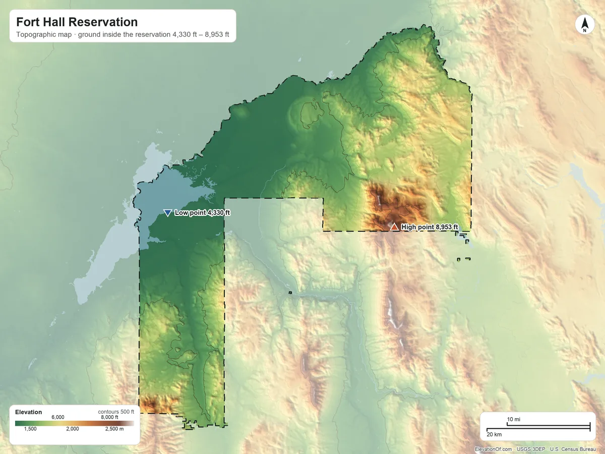 Topographic elevation map of Fort Hall Reservation, Idaho, shaded from 4,330 ft on the west side to 8,953 ft on South Putnam Mountain