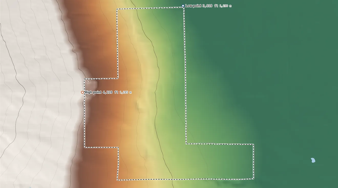 Topographic elevation map of Fort Independence Reservation, California, shaded from 3,910 ft on the north side to 4,220 ft on the west side