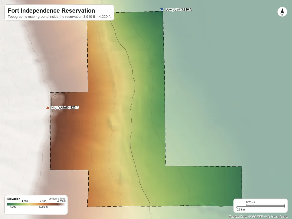 Topographic elevation map of Fort Independence Reservation, California, shaded from 3,910 ft on the north side to 4,220 ft on the west side