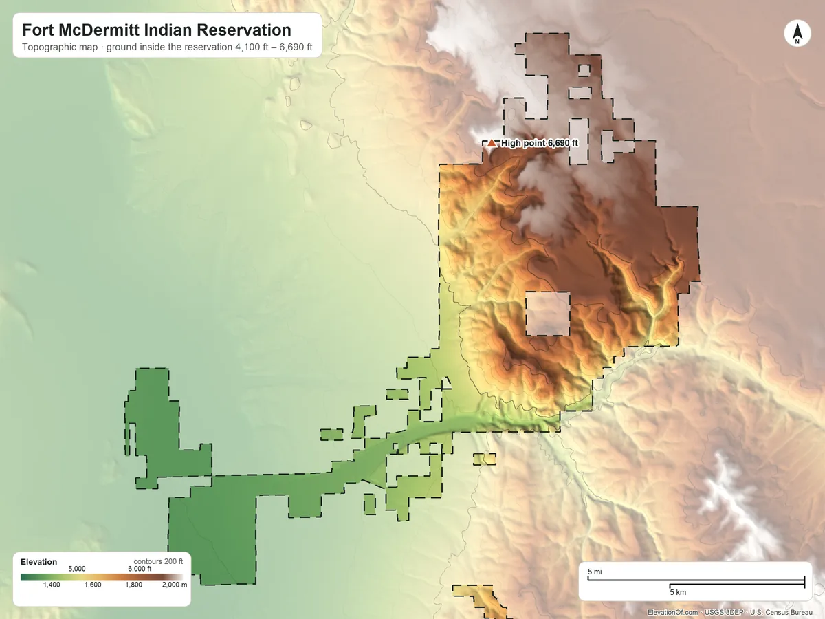 Topographic elevation map of Fort McDermitt Indian Reservation, Nevada, shaded from 4,100 ft on the southwest side to 6,690 ft on the northeast side