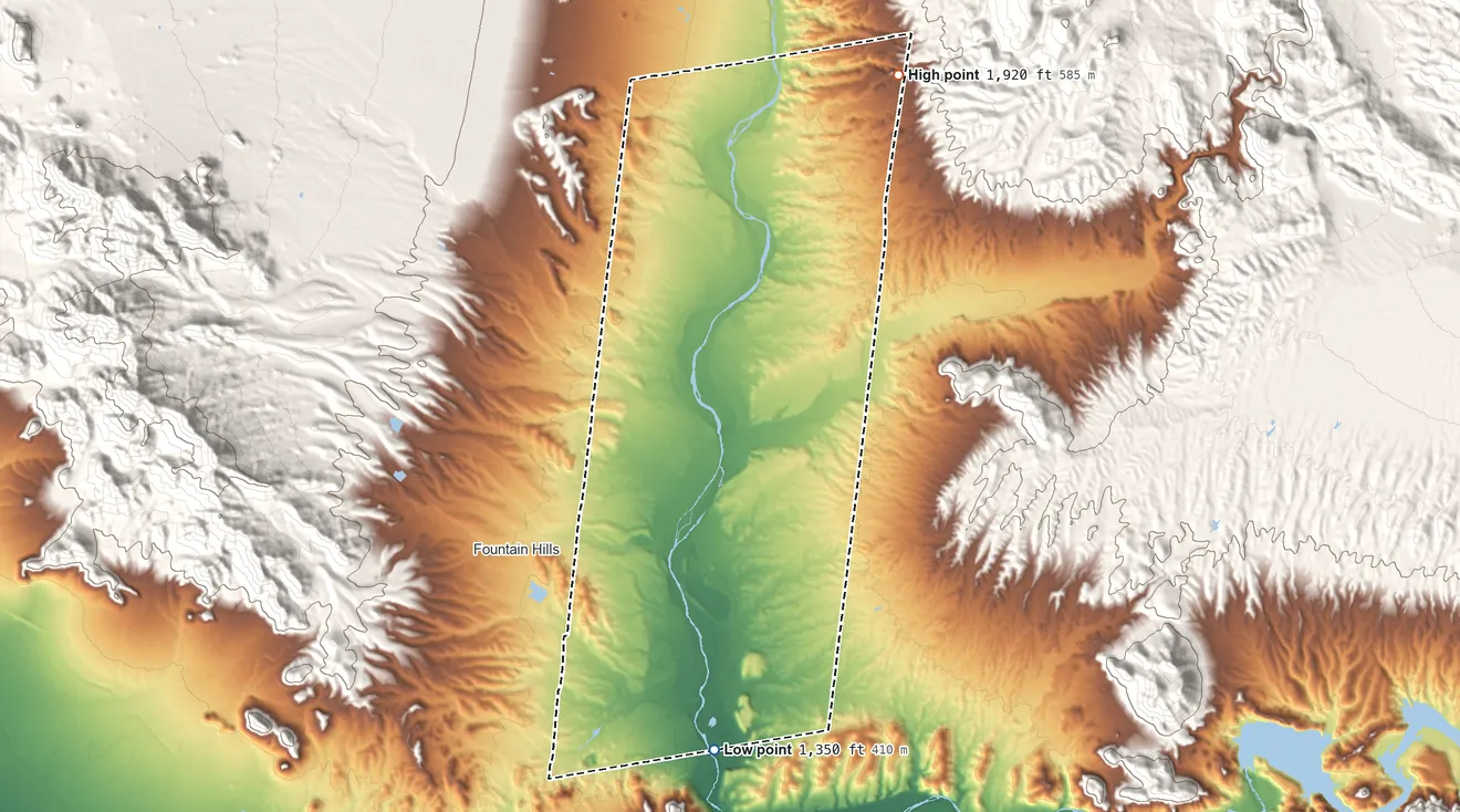 Topographic elevation map of Fort McDowell Yavapai Nation Reservation, Arizona, shaded from 1,350 ft on the south side to 1,920 ft on the northeast side