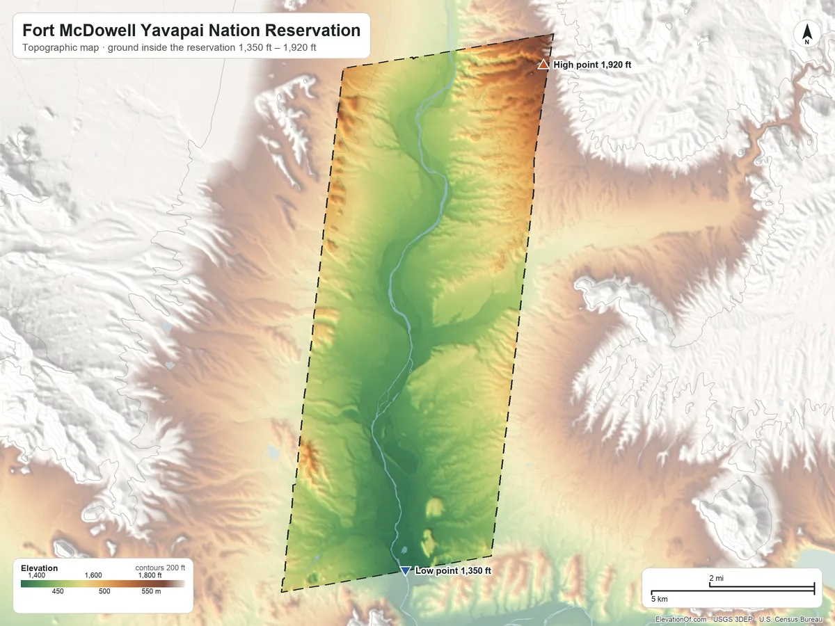 Topographic elevation map of Fort McDowell Yavapai Nation Reservation, Arizona, shaded from 1,350 ft on the south side to 1,920 ft on the northeast side