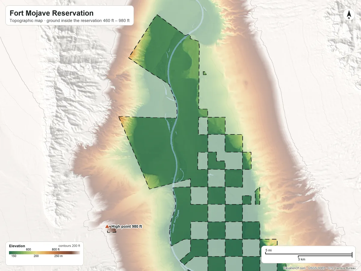 Topographic elevation map of Fort Mojave Reservation, Arizona, shaded from 460 ft on the southeast side to 980 ft on the southwest side