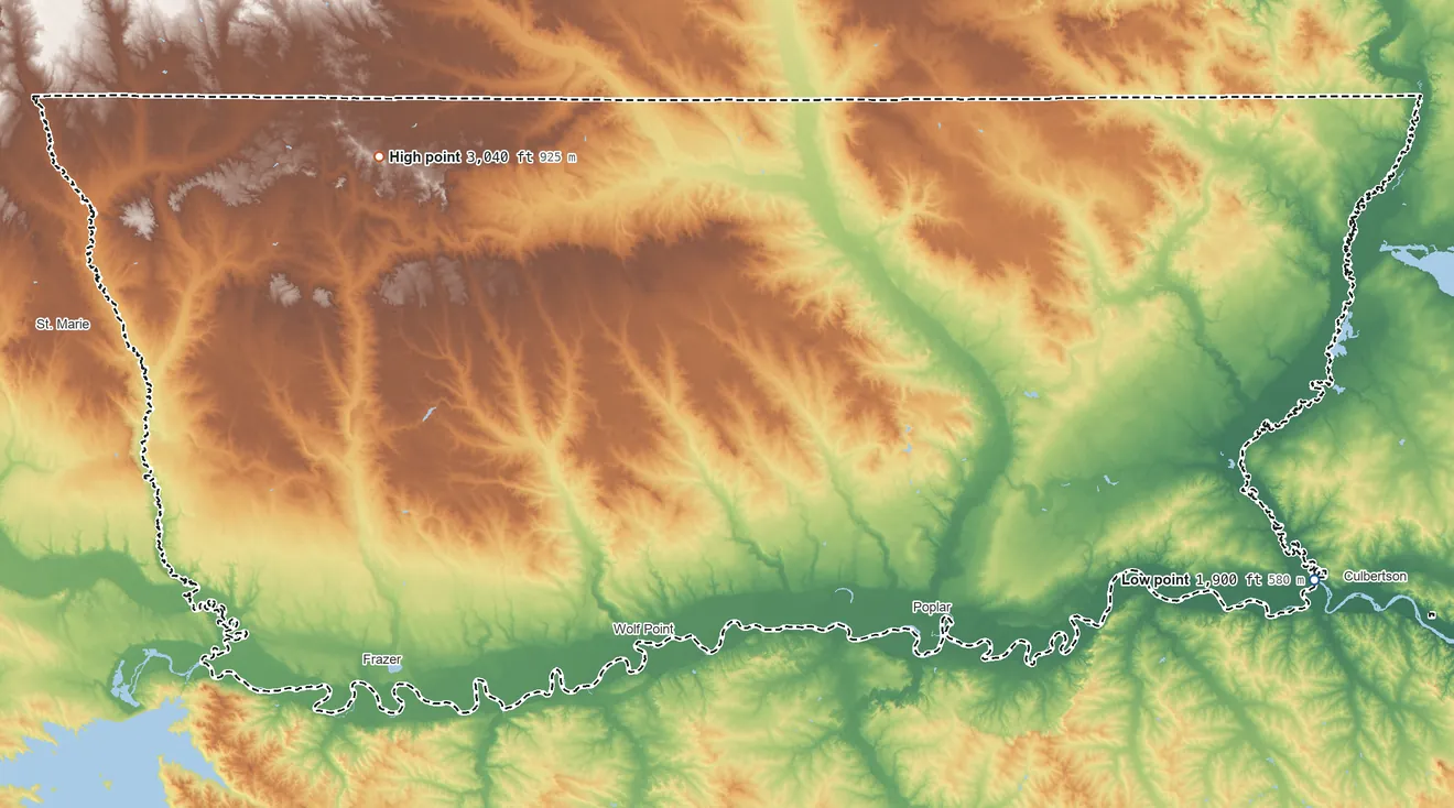 Topographic elevation map of Fort Peck Indian Reservation, Montana, shaded from 1,900 ft on the east side to 3,040 ft on the northwest side
