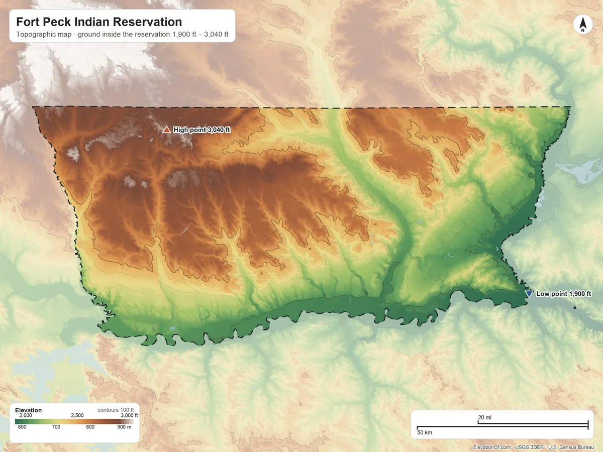 Topographic elevation map of Fort Peck Indian Reservation, Montana, shaded from 1,900 ft on the east side to 3,040 ft on the northwest side
