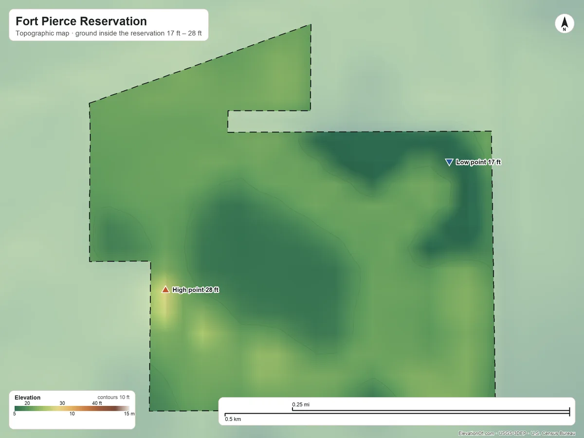 Topographic elevation map of Fort Pierce Reservation, Florida, shaded from 17 ft on the east side to 28 ft on the southwest side