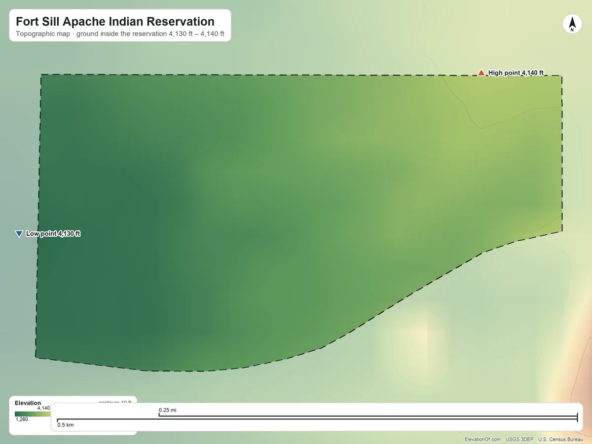 Topographic elevation map of Fort Sill Apache Indian Reservation, New Mexico, shaded from 4,130 ft on the west side to 4,140 ft on the northeast side