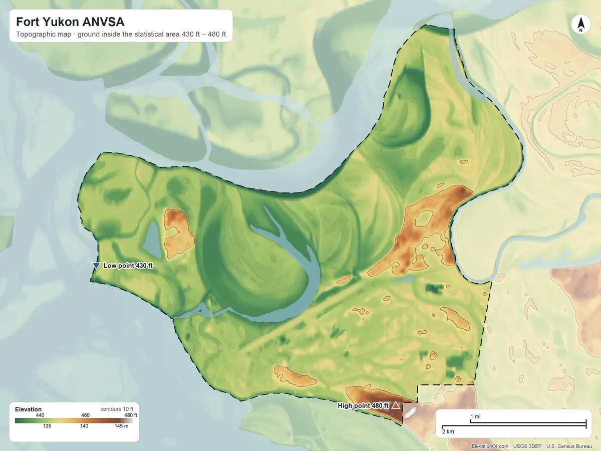 Topographic elevation map of Fort Yukon ANVSA, Alaska, shaded from 430 ft on the west side to 480 ft on the southeast side