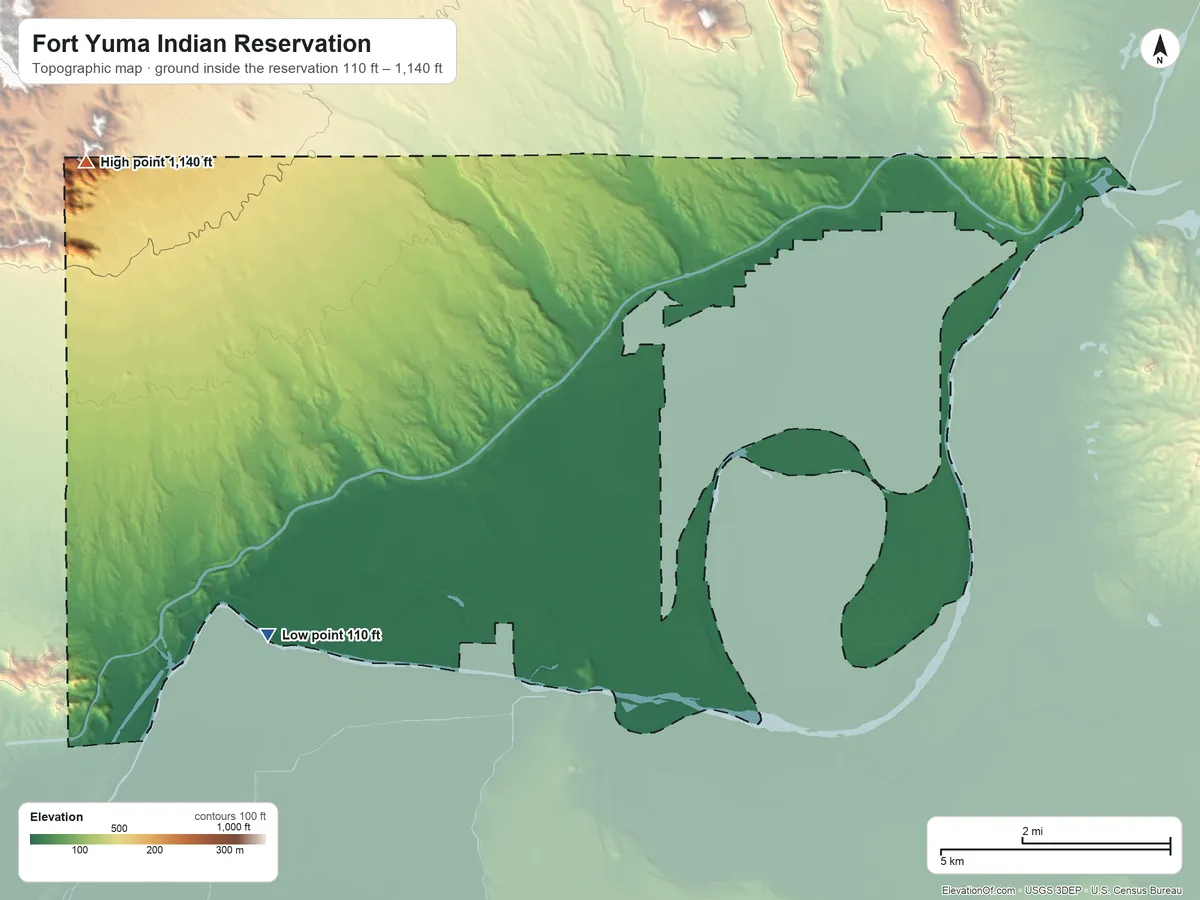 Topographic elevation map of Fort Yuma Indian Reservation, California, shaded from 110 ft on the southwest side to 1,140 ft on the northwest side