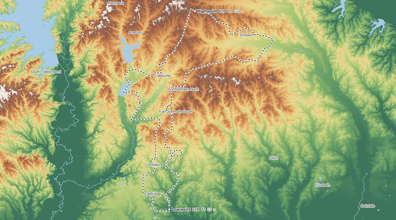 Topographic elevation map of Four Winds Cherokee SDTSA, Louisiana, shaded from 120 ft on the south side to 420 ft on the north side