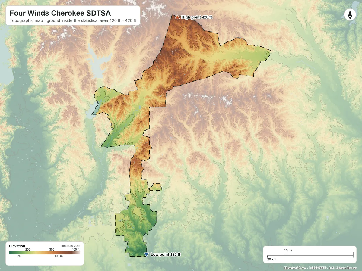 Topographic elevation map of Four Winds Cherokee SDTSA, Louisiana, shaded from 120 ft on the south side to 420 ft on the north side