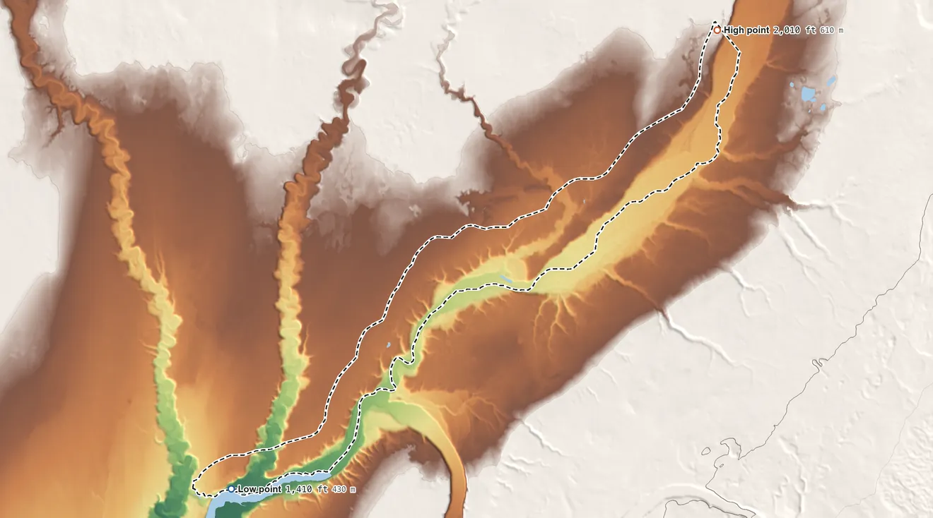 Topographic elevation map of Gakona ANVSA, Alaska, shaded from 1,410 ft on the southwest side to 2,010 ft on the northeast side