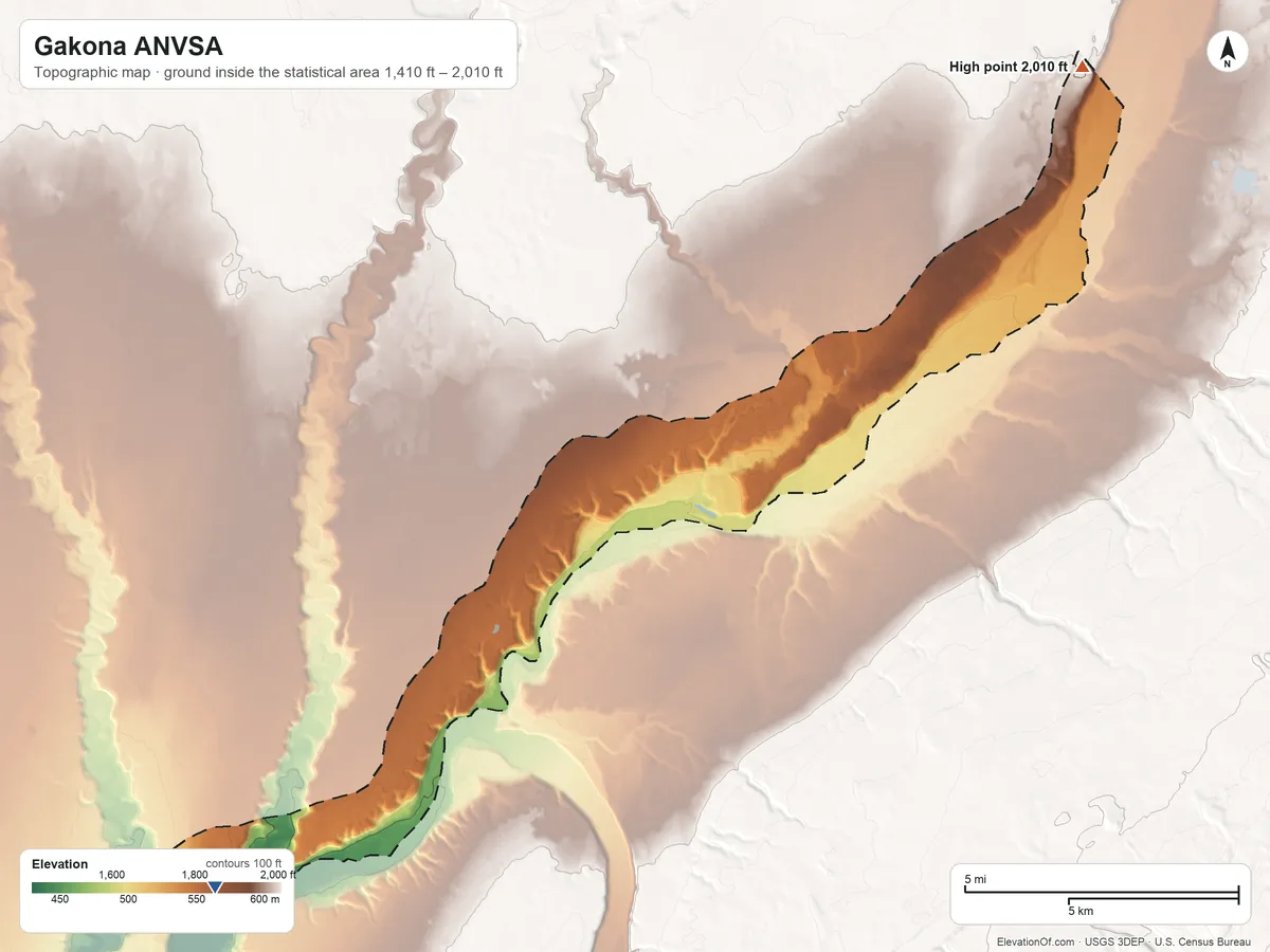 Topographic elevation map of Gakona ANVSA, Alaska, shaded from 1,410 ft on the southwest side to 2,010 ft on the northeast side