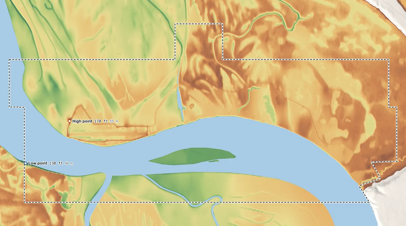 Topographic elevation map of Galena ANVSA, Alaska, shaded from 130 ft on the west side to 170 ft on the west side