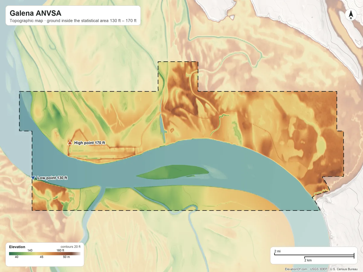 Topographic elevation map of Galena ANVSA, Alaska, shaded from 130 ft on the west side to 170 ft on the west side