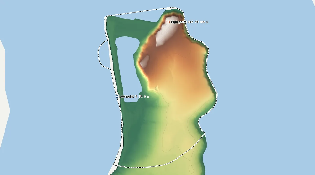 Topographic elevation map of Gambell ANVSA, Alaska, shaded from sea level on the Bering Sea to 610 ft on the north side