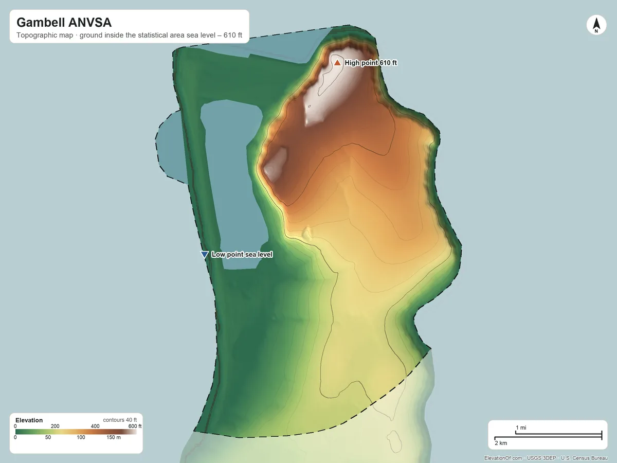 Topographic elevation map of Gambell ANVSA, Alaska, shaded from sea level on the Bering Sea to 610 ft on the north side