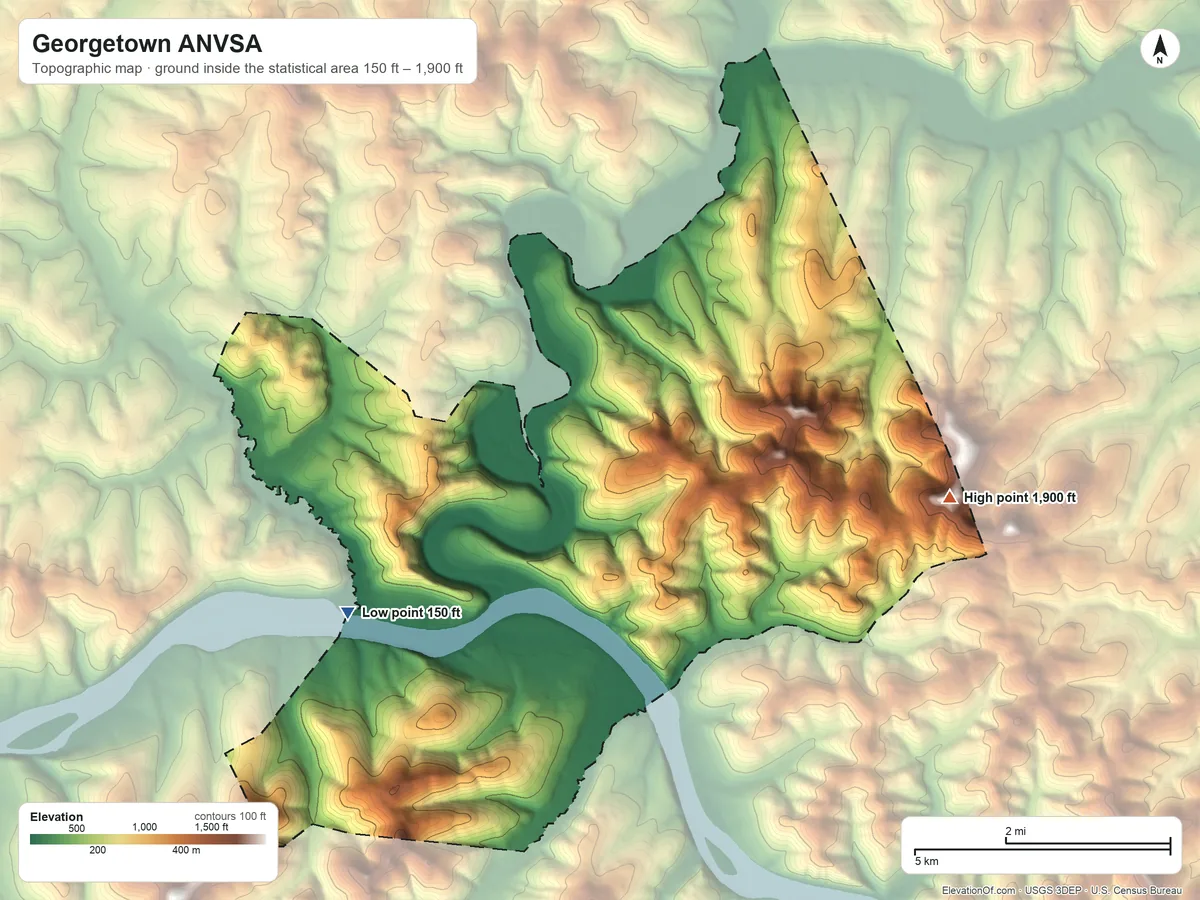 Topographic elevation map of Georgetown ANVSA, Alaska, shaded from 150 ft on the southwest side to 1,900 ft on the east side
