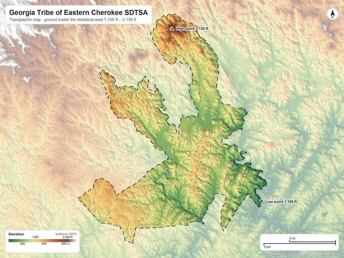 Topographic elevation map of Georgia Tribe of Eastern Cherokee SDTSA, Georgia, shaded from 1,100 ft on the southeast side to 2,130 ft on Whissenhunt Mountain