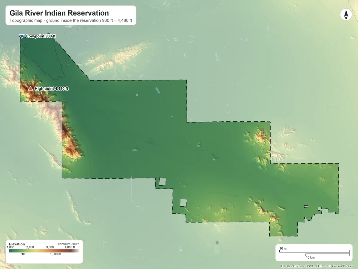 Topographic elevation map of Gila River Indian Reservation, Arizona, shaded from 930 ft on the northwest side to 4,480 ft in the Sierra Estrella