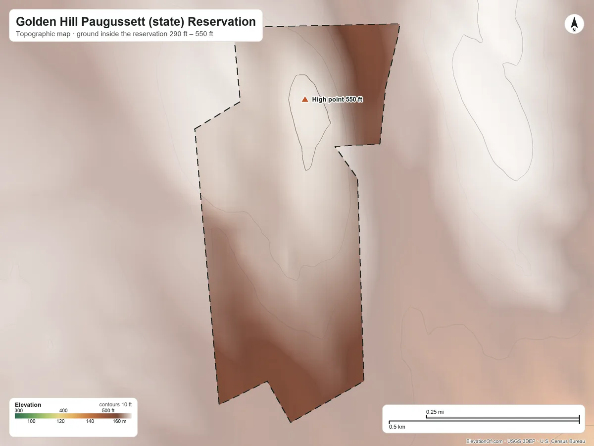 Topographic elevation map of Golden Hill Paugussett (state) Reservation, Connecticut, shaded from 290 ft on the southwest side to 550 ft on the north side
