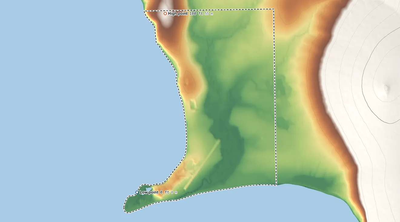 Topographic elevation map of Golovin ANVSA, Alaska, shaded from sea level on Golovin Lagoon to 180 ft on the north side