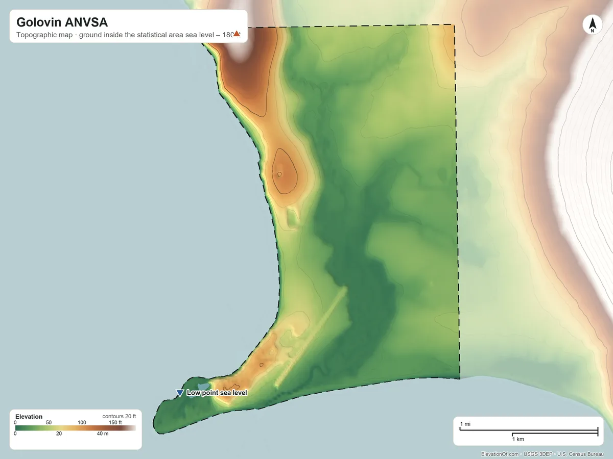 Topographic elevation map of Golovin ANVSA, Alaska, shaded from sea level on Golovin Lagoon to 180 ft on the north side