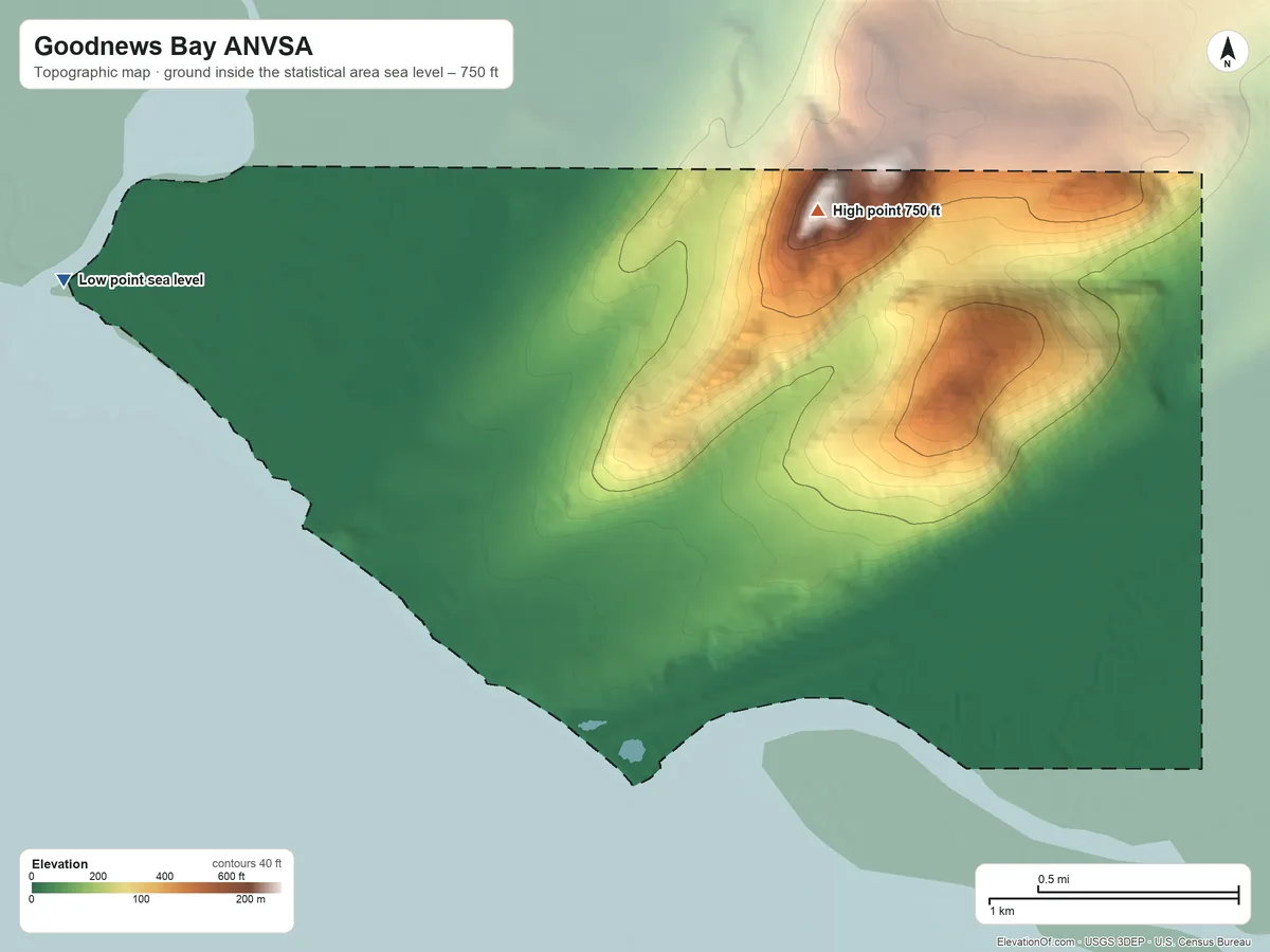 Topographic elevation map of Goodnews Bay ANVSA, Alaska, shaded from sea level on Goodnews Bay to 750 ft on Mumtrak Hill
