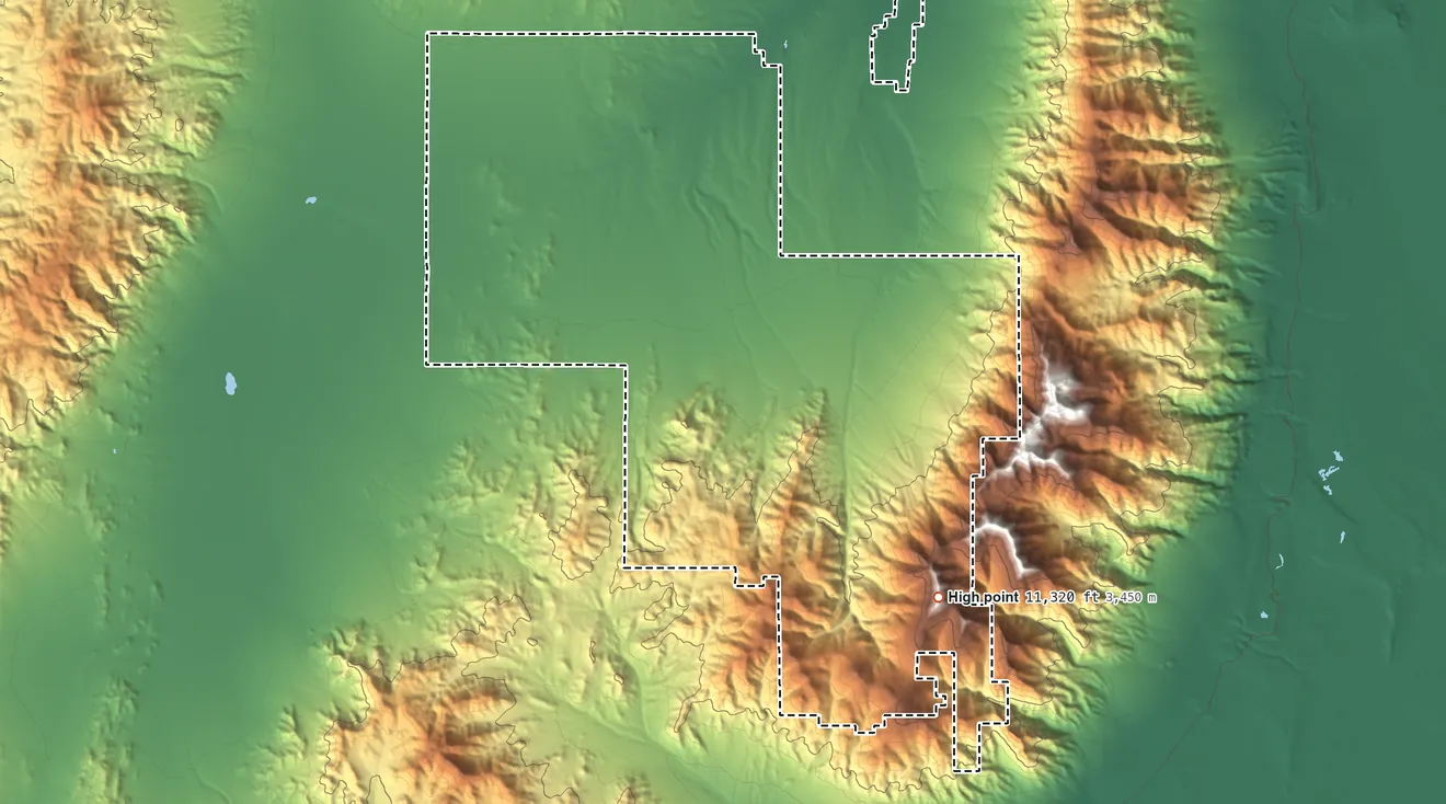 Topographic elevation map of Goshute Reservation, Nevada, shaded from 5,300 ft on the north side to 11,320 ft on the southeast side