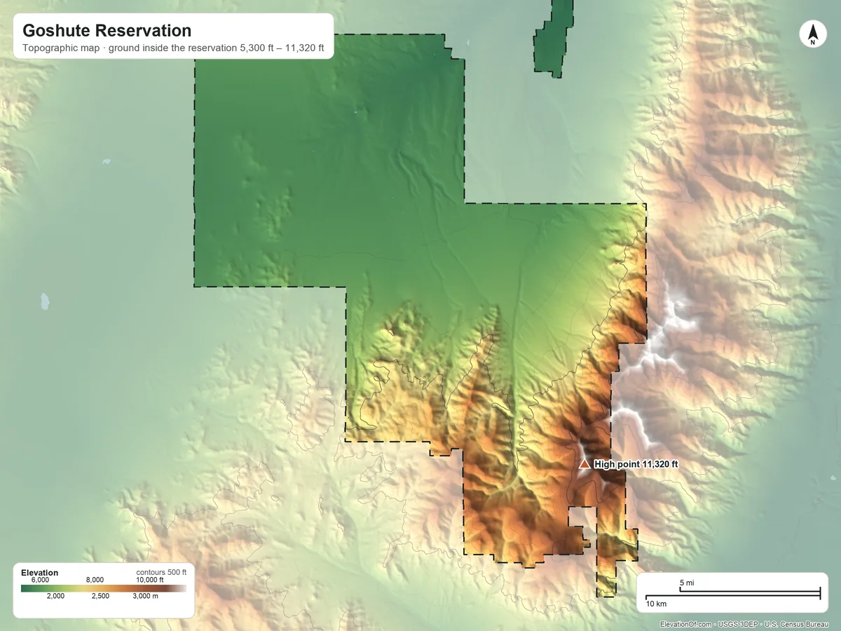 Topographic elevation map of Goshute Reservation, Nevada, shaded from 5,300 ft on the north side to 11,320 ft on the southeast side