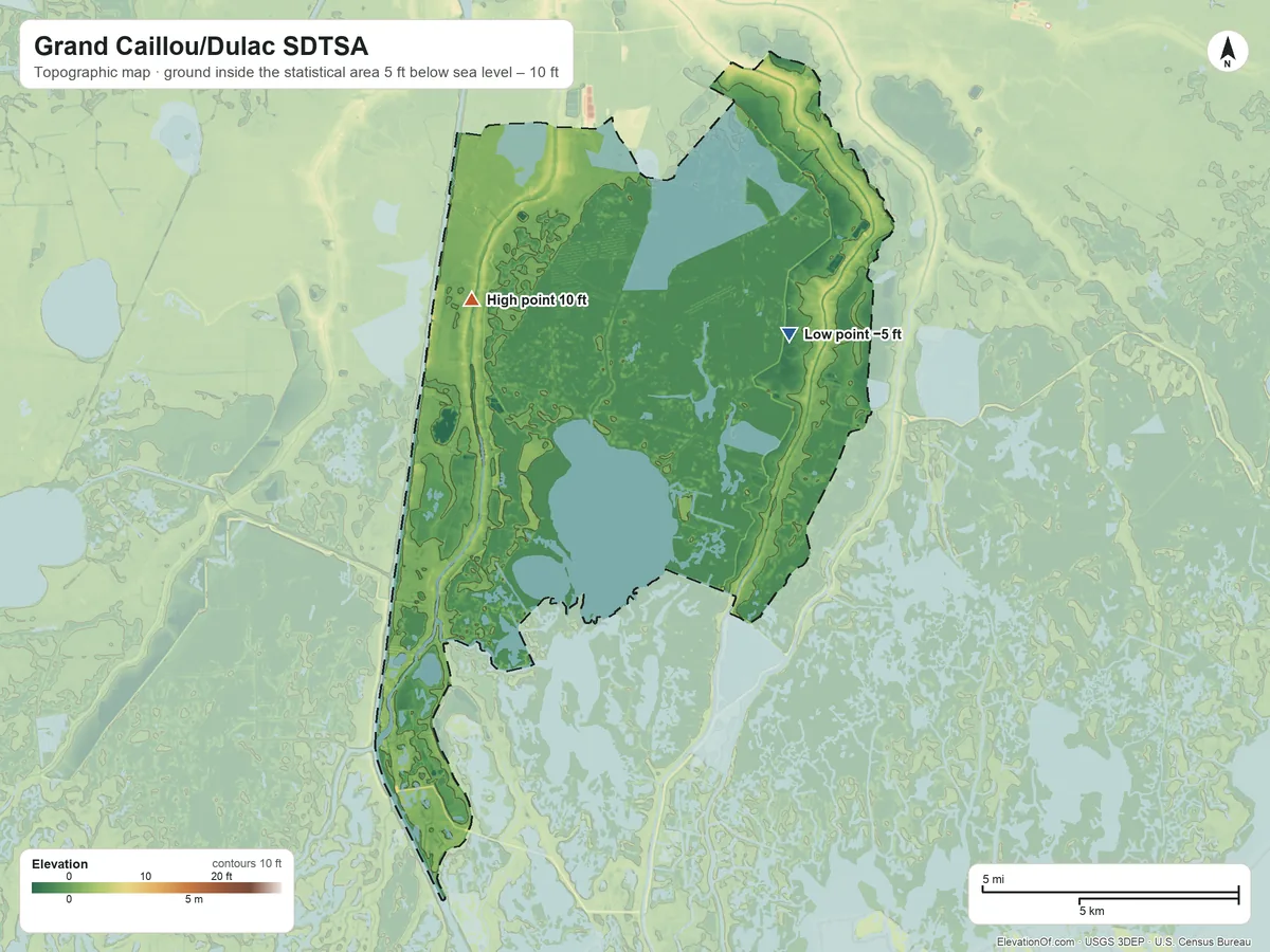 Topographic elevation map of Grand Caillou/Dulac SDTSA, Louisiana, shaded from 5 ft below sea level on the northeast side to 10 ft on the northwest side