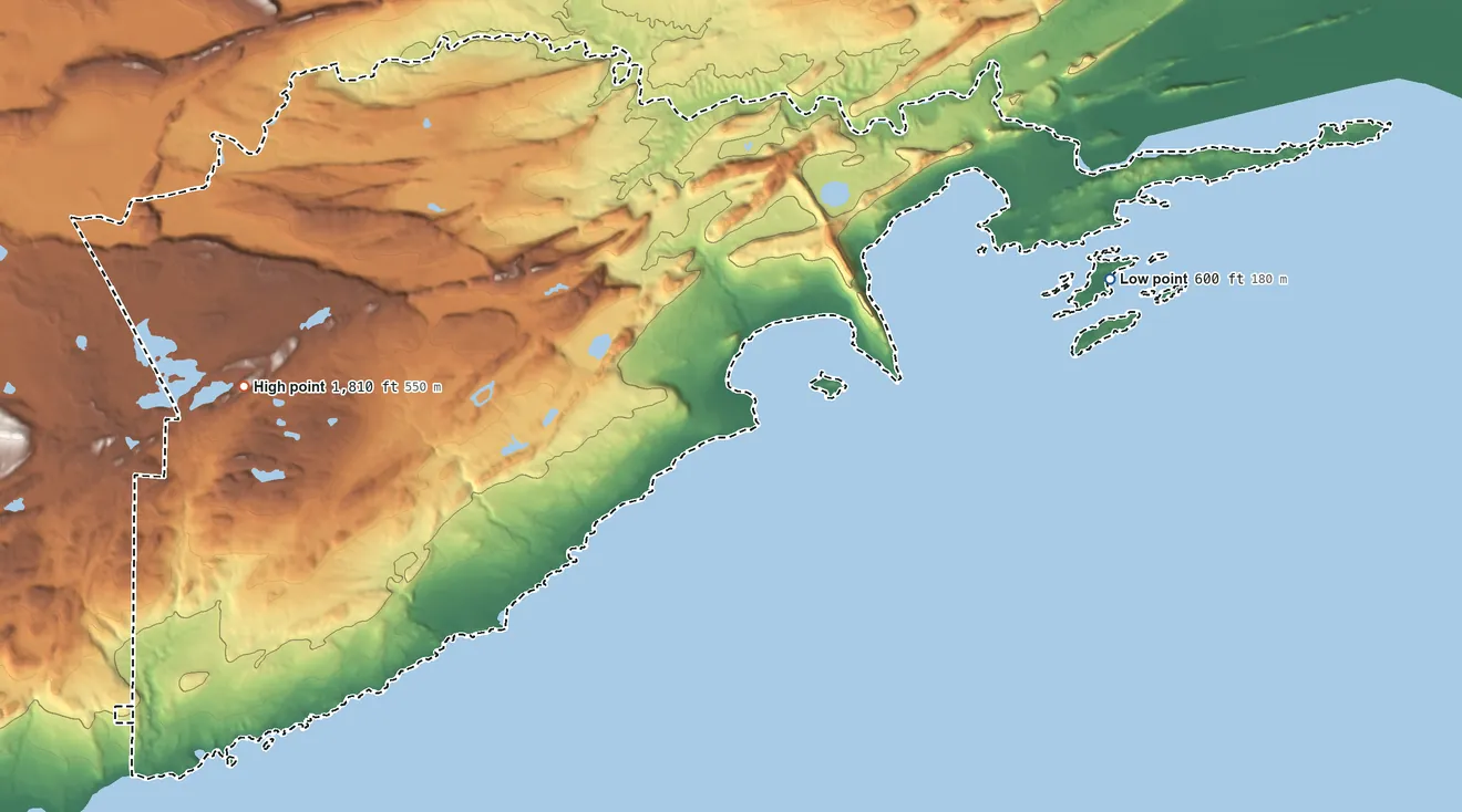 Topographic elevation map of Grand Portage Reservation, Minnesota, shaded from 600 ft on the east side to 1,810 ft on Mount Sophie