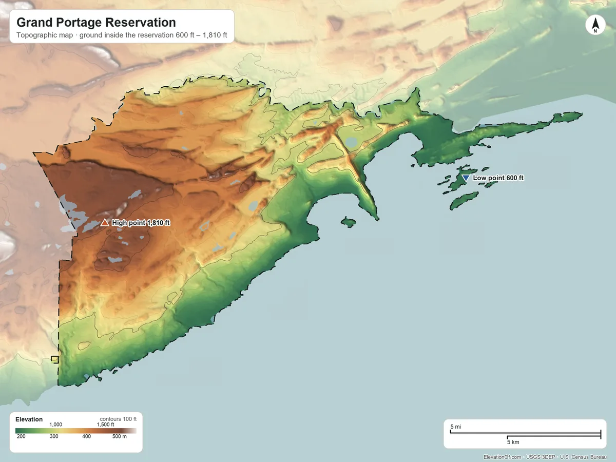 Topographic elevation map of Grand Portage Reservation, Minnesota, shaded from 600 ft on the east side to 1,810 ft on Mount Sophie