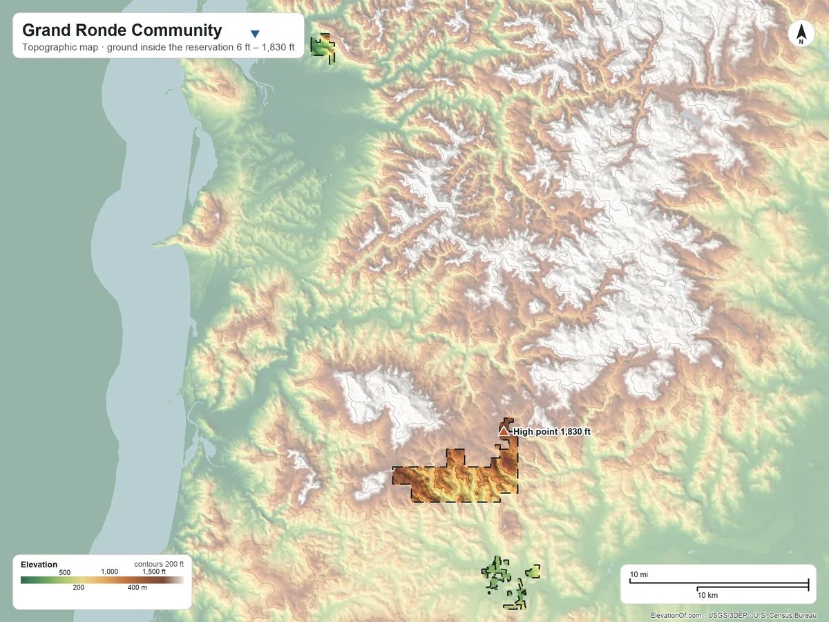 Topographic elevation map of Grand Ronde Community, Oregon, shaded from 6 ft on the northwest side to 1,830 ft on the southeast side