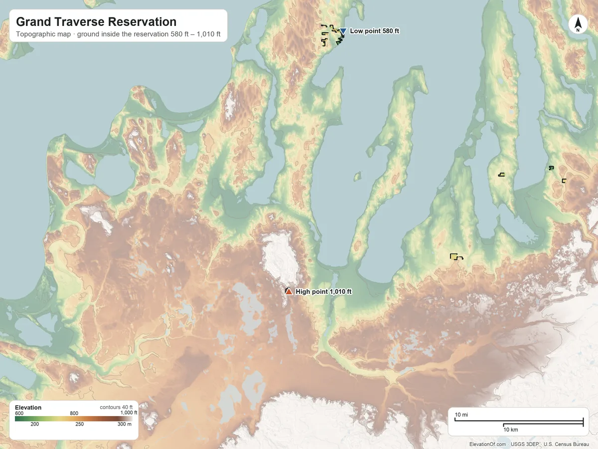Topographic elevation map of Grand Traverse Reservation, Michigan, shaded from 580 ft on the north side to 1,010 ft on the south side