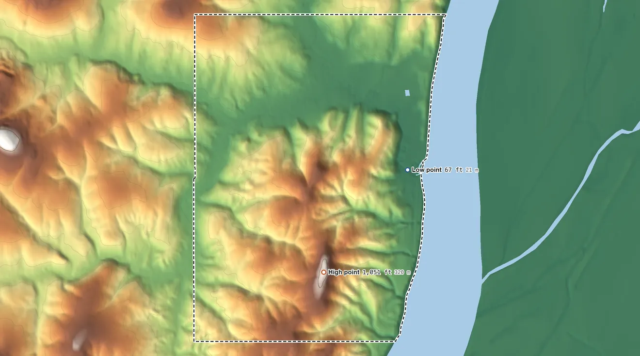 Topographic elevation map of Grayling ANVSA, Alaska, shaded from 67 ft on the east side to 1,051 ft on Grayling Peak