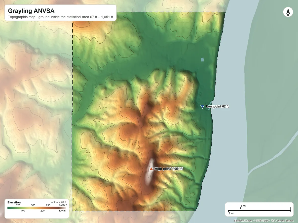 Topographic elevation map of Grayling ANVSA, Alaska, shaded from 67 ft on the east side to 1,051 ft on Grayling Peak