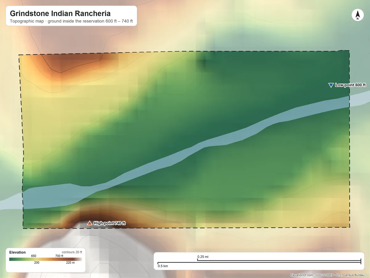Topographic elevation map of Grindstone Indian Rancheria, California, shaded from 600 ft on the east side to 740 ft on the southwest side