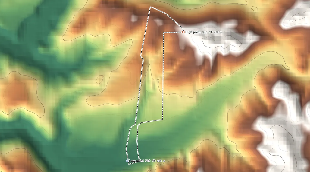 Topographic elevation map of Guidiville Rancheria, California, shaded from 710 ft on the south side to 950 ft on the northeast side