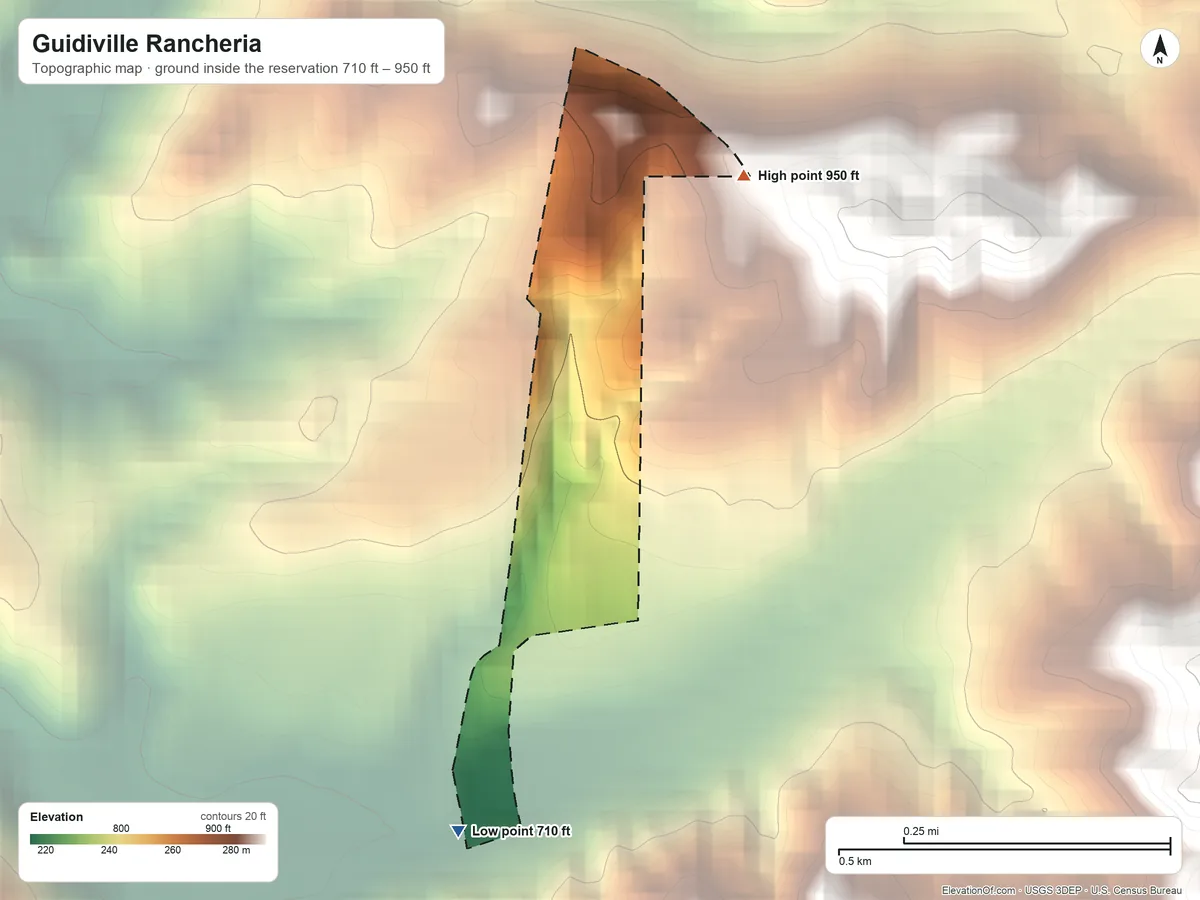 Topographic elevation map of Guidiville Rancheria, California, shaded from 710 ft on the south side to 950 ft on the northeast side
