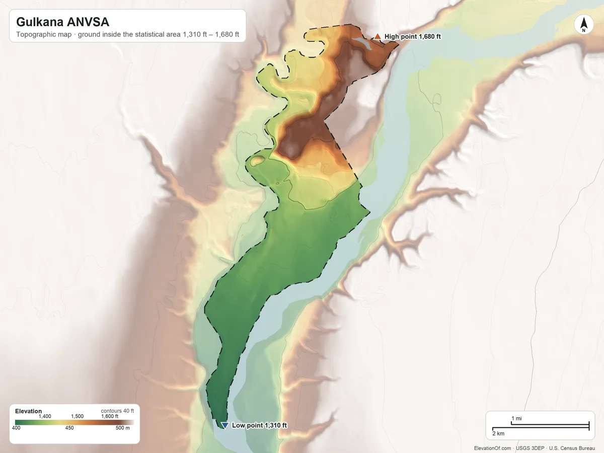 Topographic elevation map of Gulkana ANVSA, Alaska, shaded from 1,310 ft on the south side to 1,680 ft on the north side