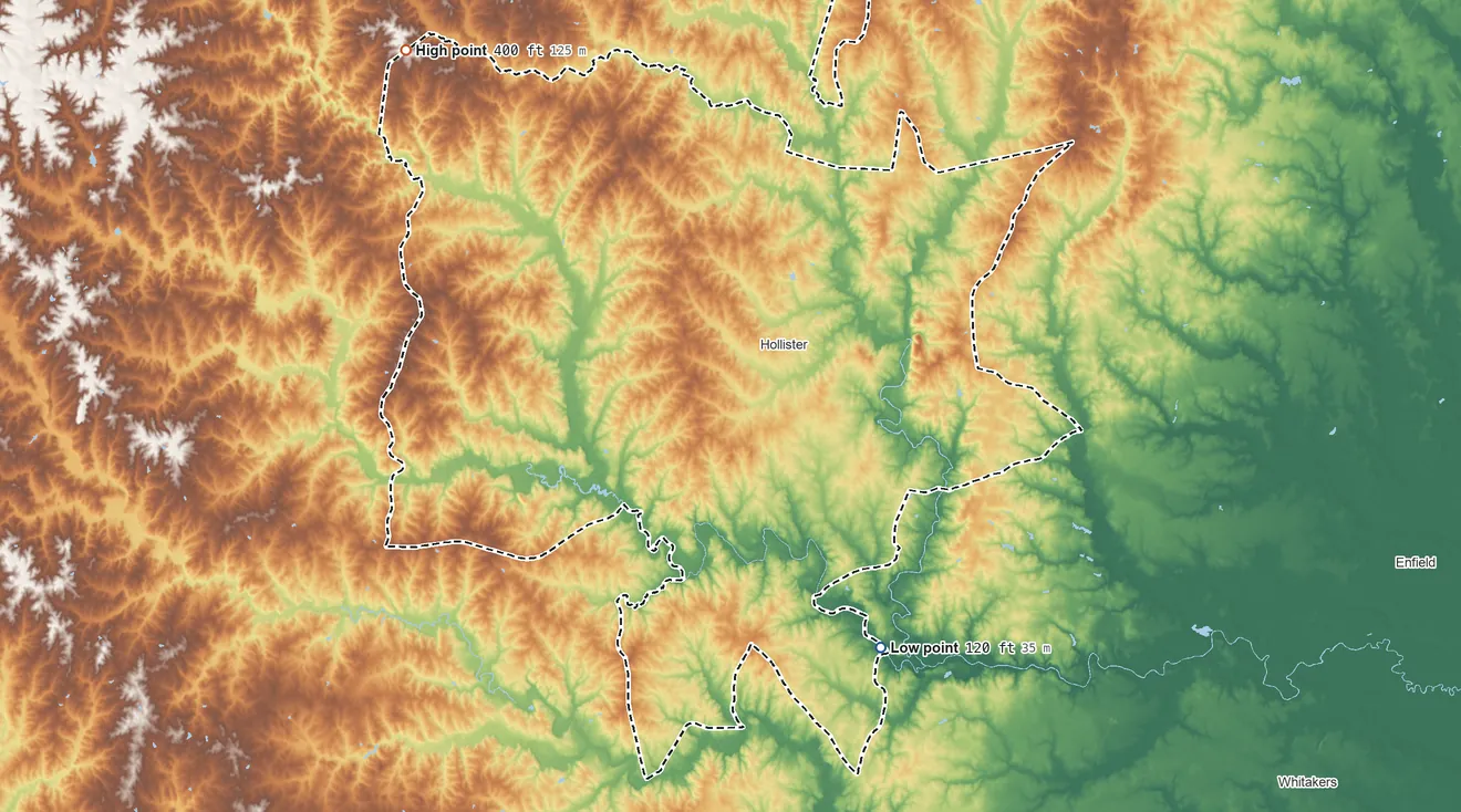 Topographic elevation map of Haliwa-Saponi SDTSA, North Carolina, shaded from 120 ft on the southeast side to 400 ft on the northwest side