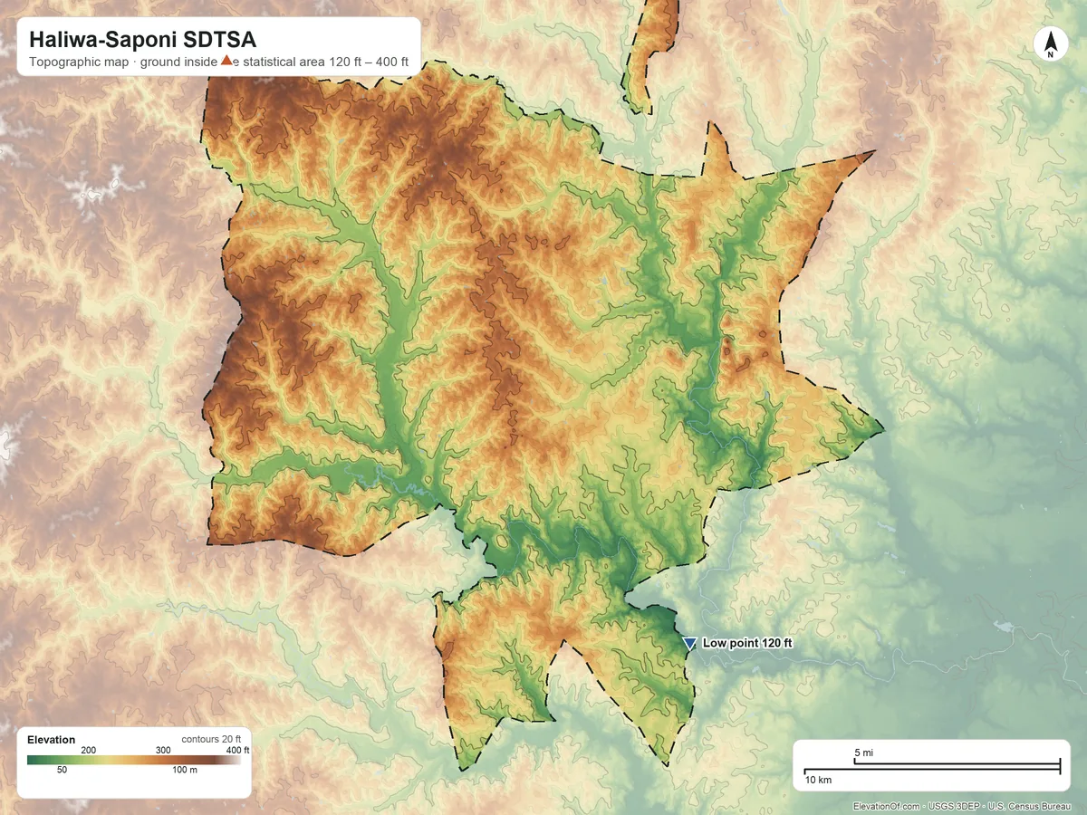 Topographic elevation map of Haliwa-Saponi SDTSA, North Carolina, shaded from 120 ft on the southeast side to 400 ft on the northwest side