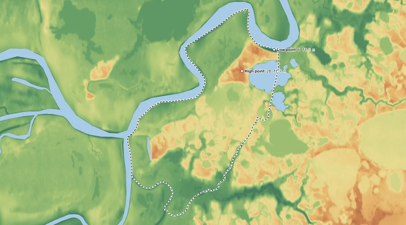 Topographic elevation map of Hamilton ANVSA, Alaska, shaded from 6 ft on the northeast side to 28 ft on the northeast side