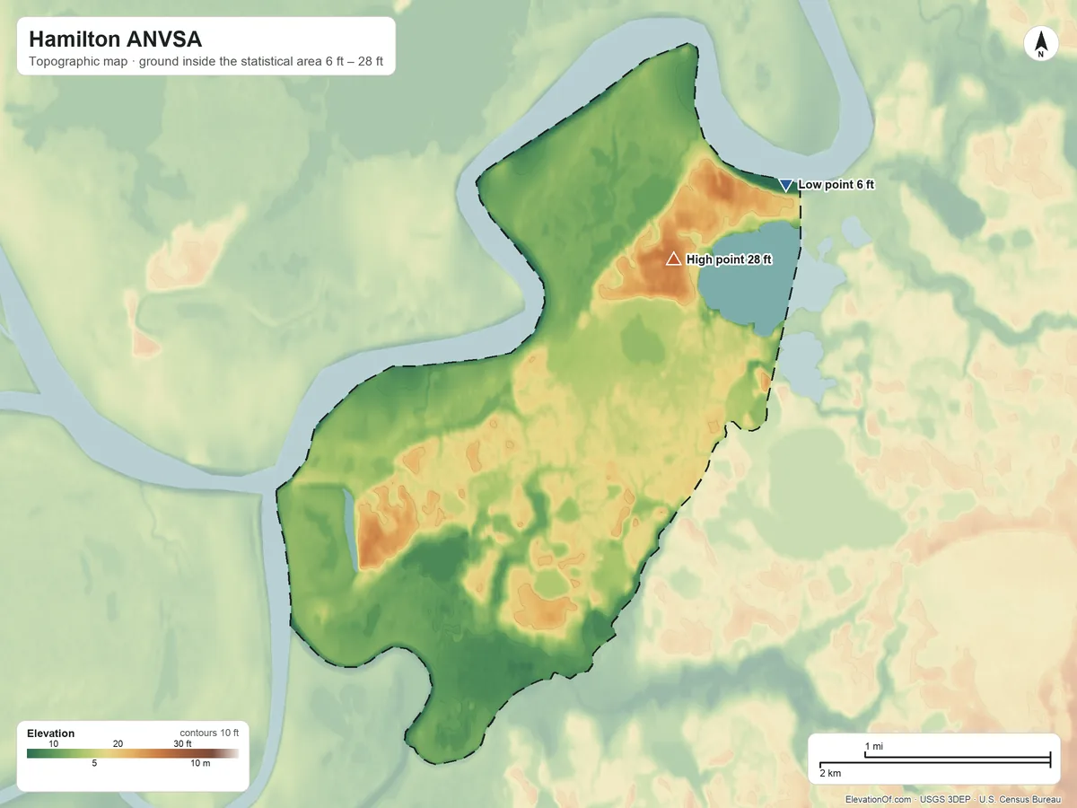 Topographic elevation map of Hamilton ANVSA, Alaska, shaded from 6 ft on the northeast side to 28 ft on the northeast side