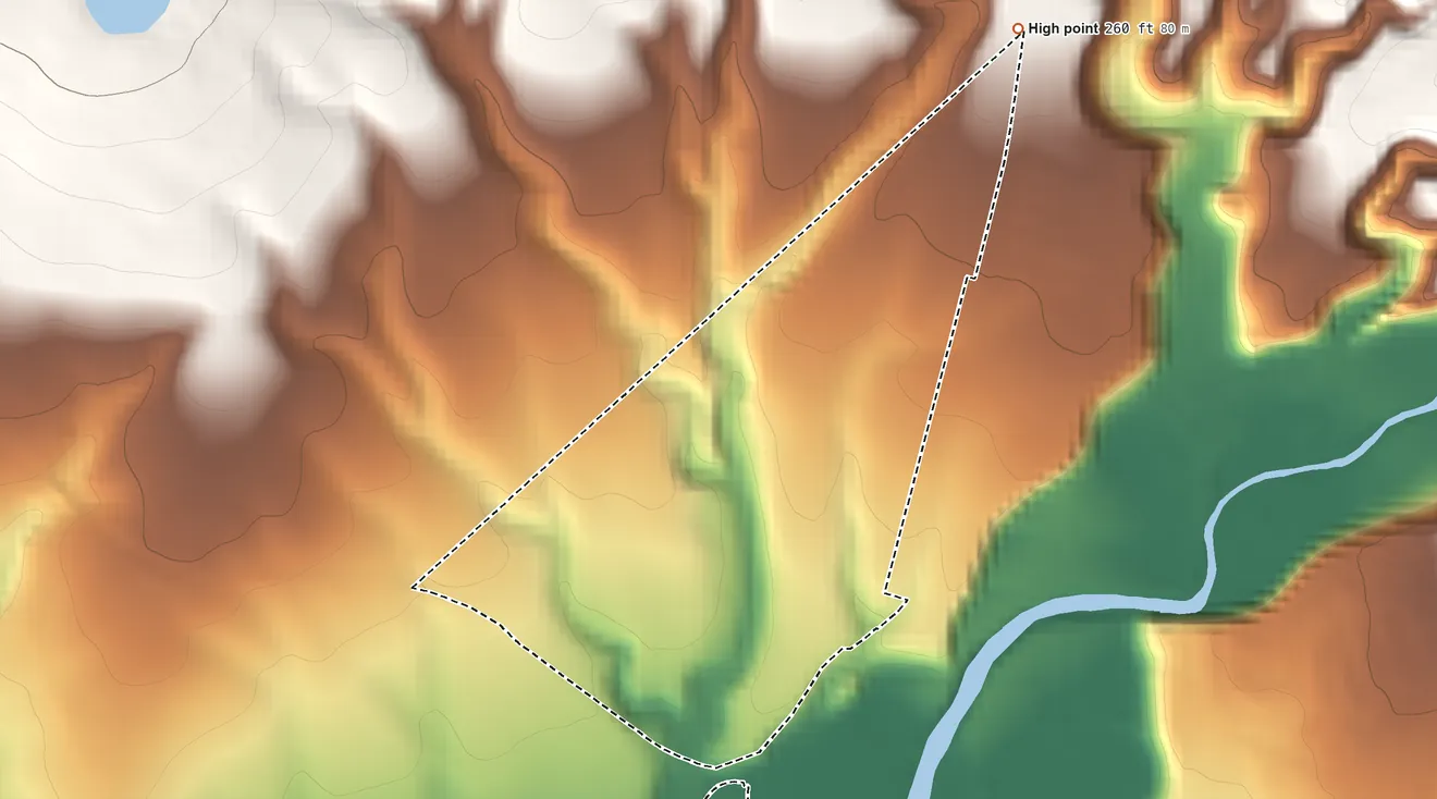 Topographic elevation map of Hanapepe Hawaiian Home Land, Hawaii, shaded from 12 ft on the south side to 260 ft on the northeast side