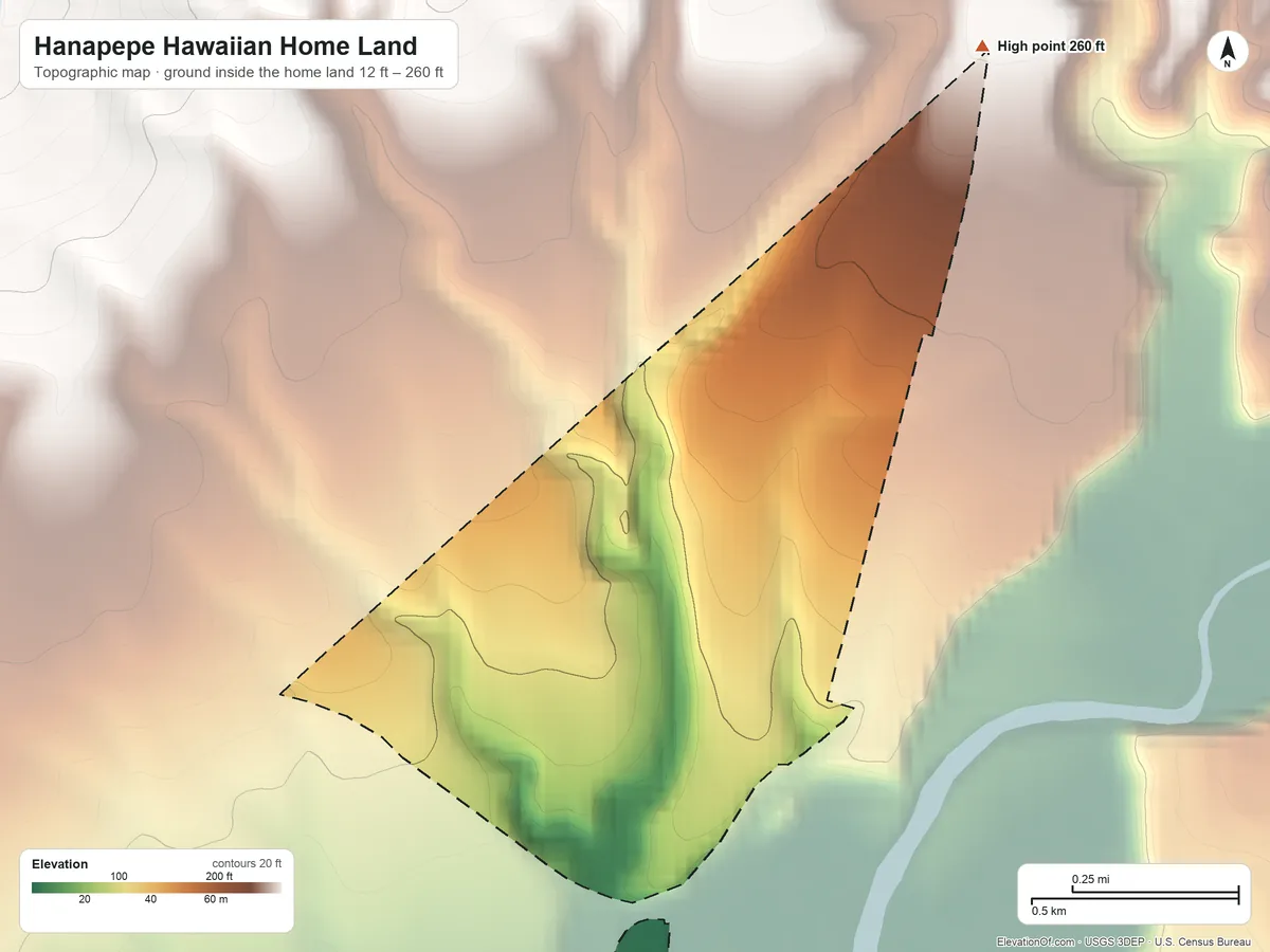 Topographic elevation map of Hanapepe Hawaiian Home Land, Hawaii, shaded from 12 ft on the south side to 260 ft on the northeast side