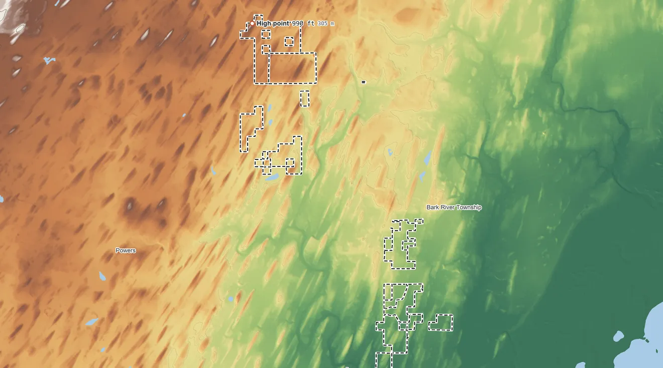 Topographic elevation map of Hannahville Indian Community, Michigan, shaded from 680 ft on the south side to 990 ft on the northwest side
