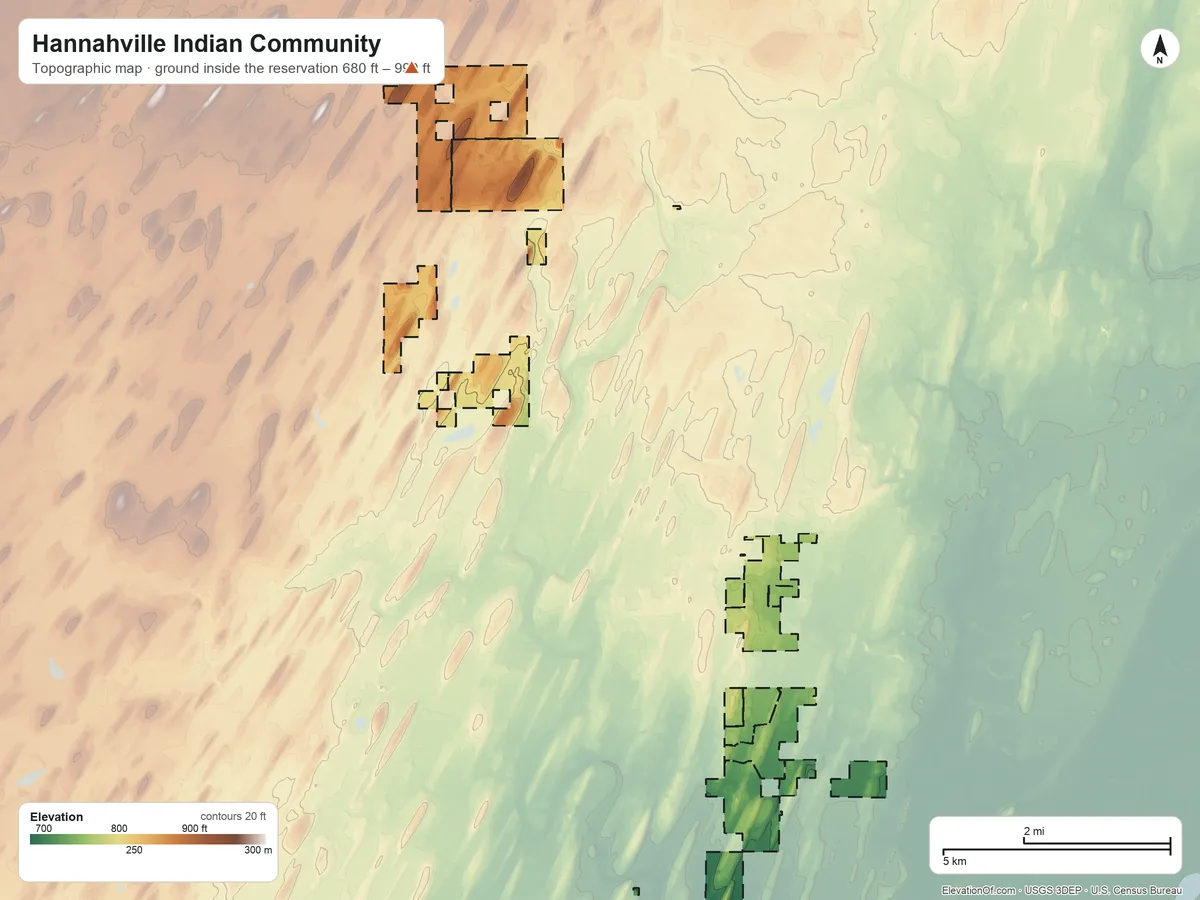 Topographic elevation map of Hannahville Indian Community, Michigan, shaded from 680 ft on the south side to 990 ft on the northwest side